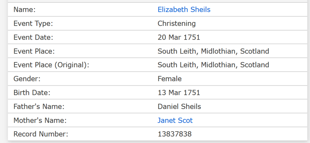 1751 Elizabeth Christening