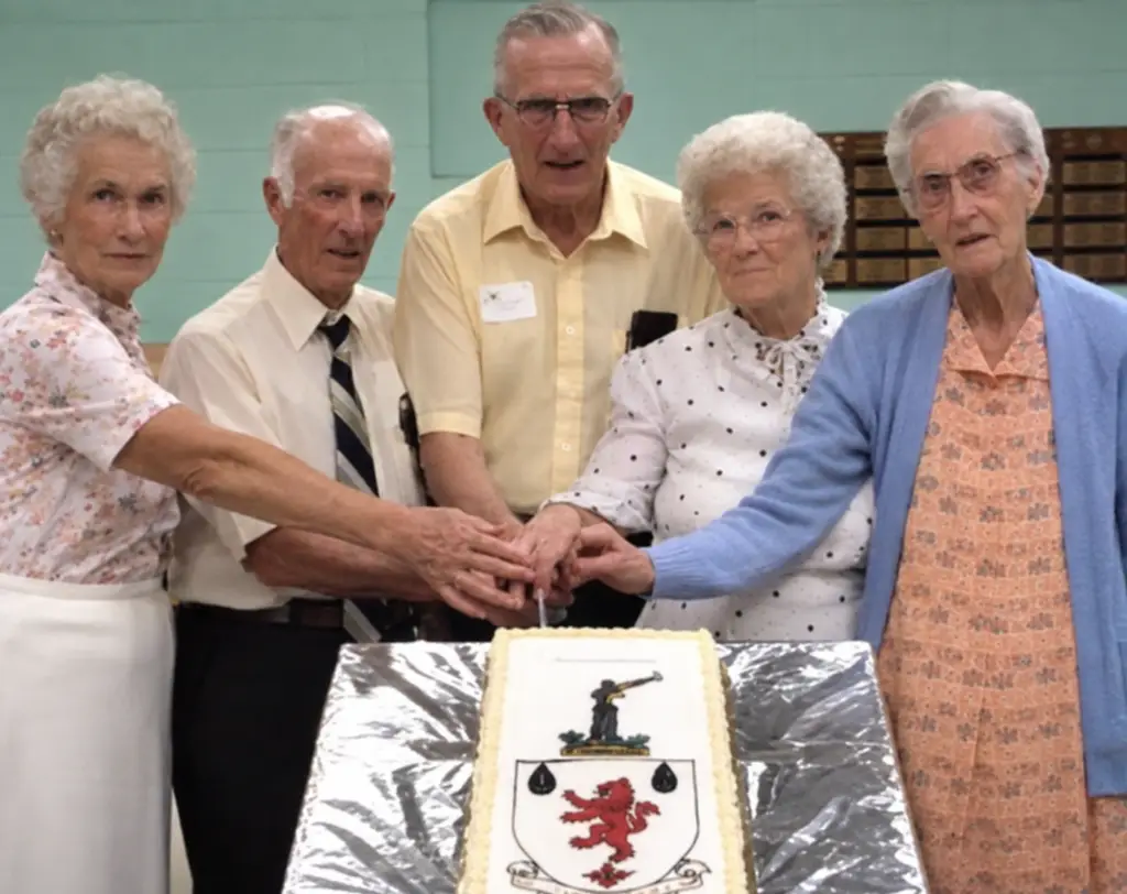 1986 Reunion - Christine Shiels Cox for the William branch, Leonard Shiels for the Thomas branch, Bill Ford for the George branch and Olive Shiels Gannon for the John branch. Isabella Emberley represented the James family