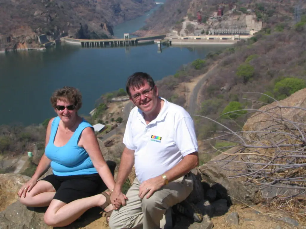 Mozambique, 2008 — Judy and Dan Shiels overlooking a hydroelectric plant