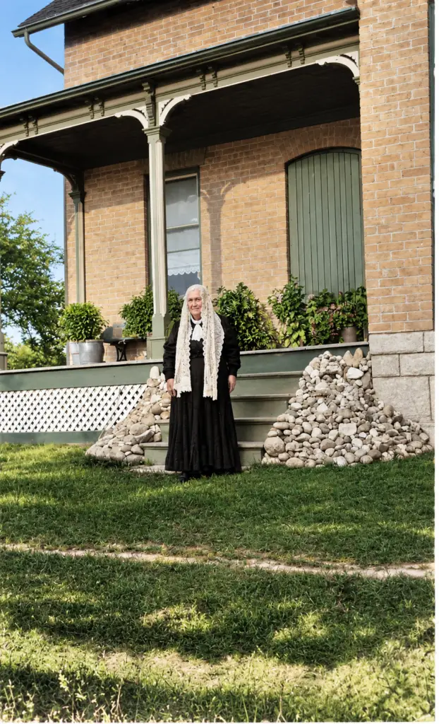 Janet McNair Shiels outside the family home, with her collection of stones clearly visible beside the steps.