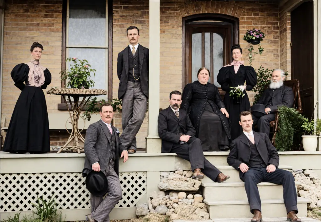The Shiels family at the Grey Township homestead, 1899. Left to right: Ann, William, Bob, Jim, Janet, Jane, Jack and John Sr. Oldest son Thomas was already married and living away from the family farm and is not pictured.