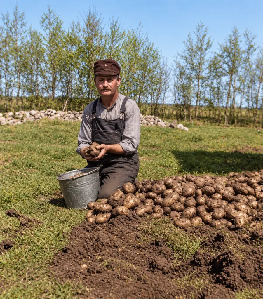 Thomas Shiels picking potatoes on the Saskatchewan homestead