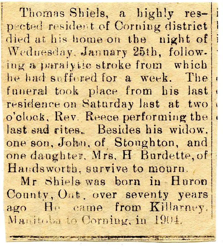 Thomas Shiels obituary, January 1928