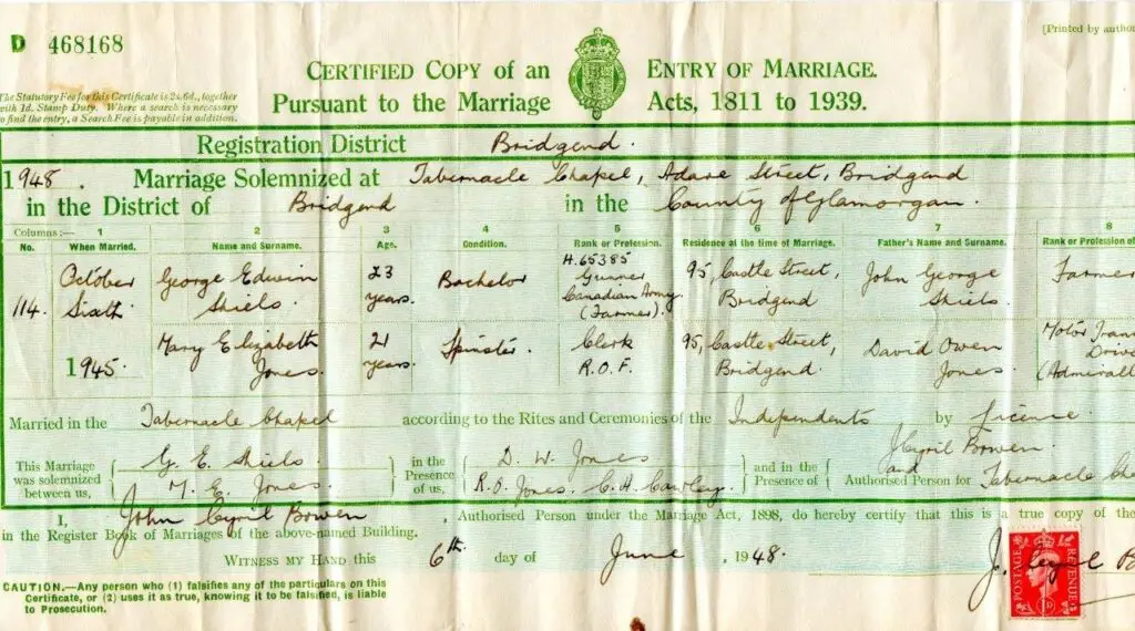 George & Betty Shiels Marriage certificate
