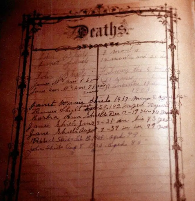 Deaths recorded in the Shiels family Bible, including Janet McNair Shiels, May 2, 1917, aged 84.